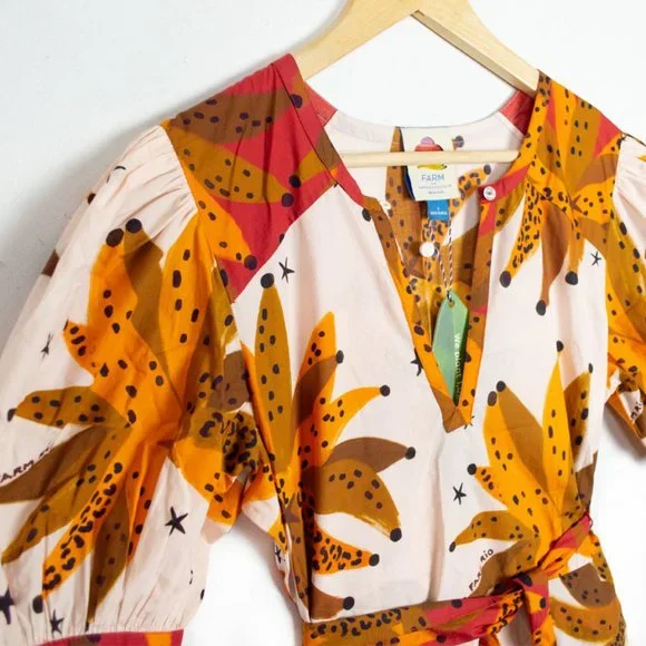 Farm Rio Creme & Brown Banana Puff Sleeve Dress - Picture 3 of 13